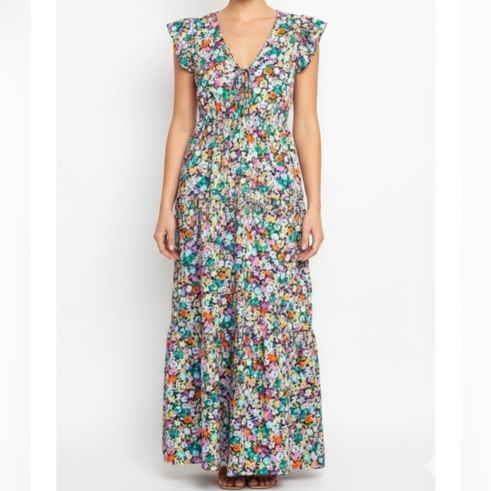 Gap Flutter Sleeve Cotton Tiered Maxi Dress in Multi-Color Floral S